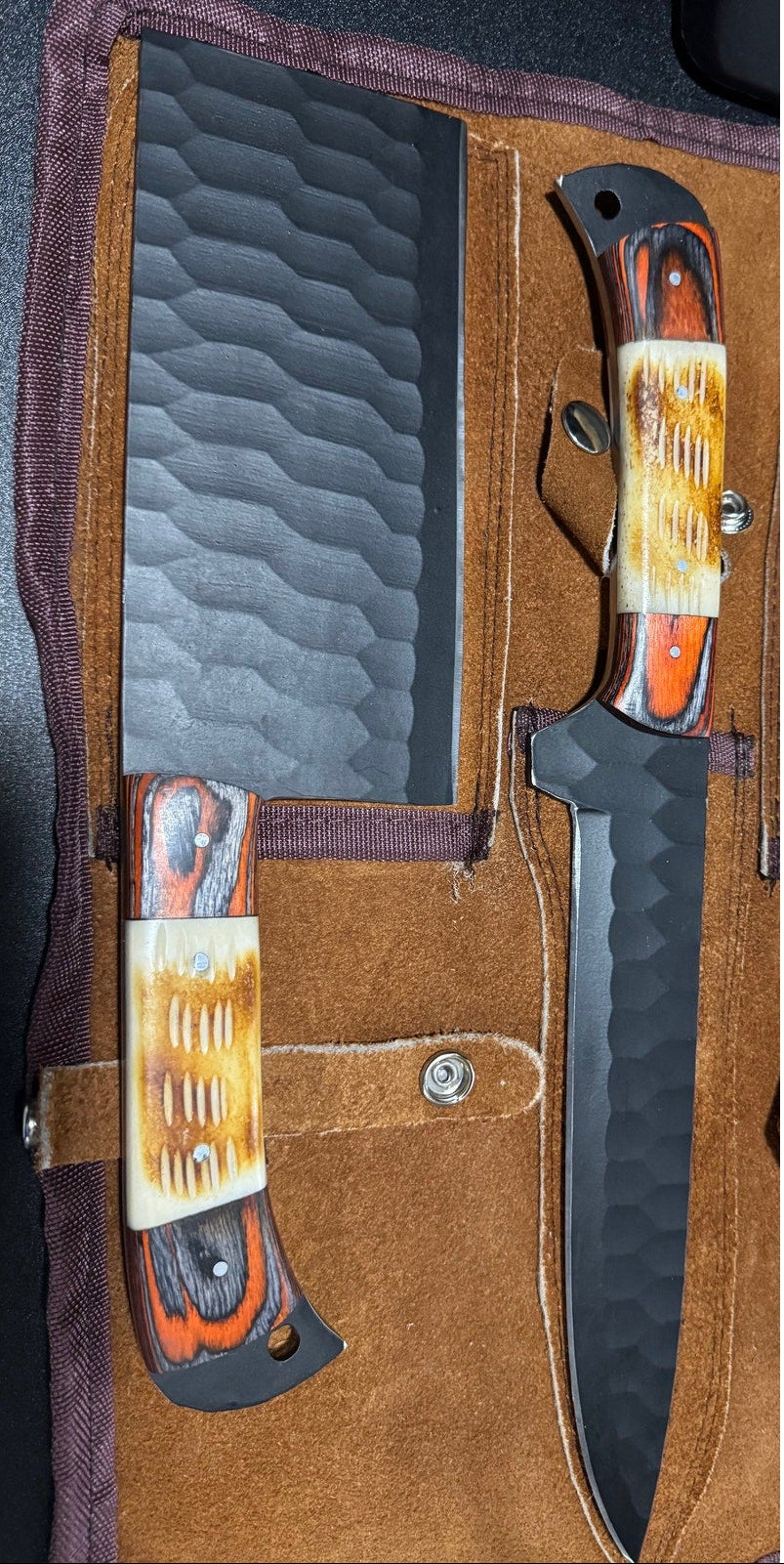 Handmade Carbon Steel Hammered Blade Chef Set w/ Pakka Wood & Bone Handle