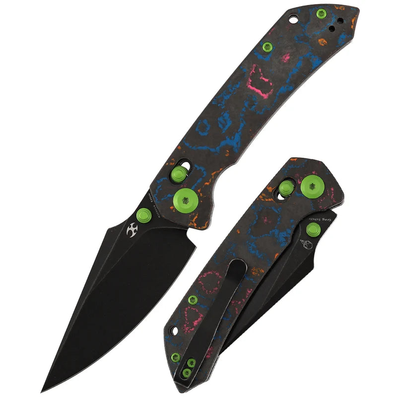 Kansept ~ Fenrir K1034 ~ S35VN, Acid Etched Damascus/Titanium, Carbon Fiber/Titanium, 80s Camo, Purple Haze