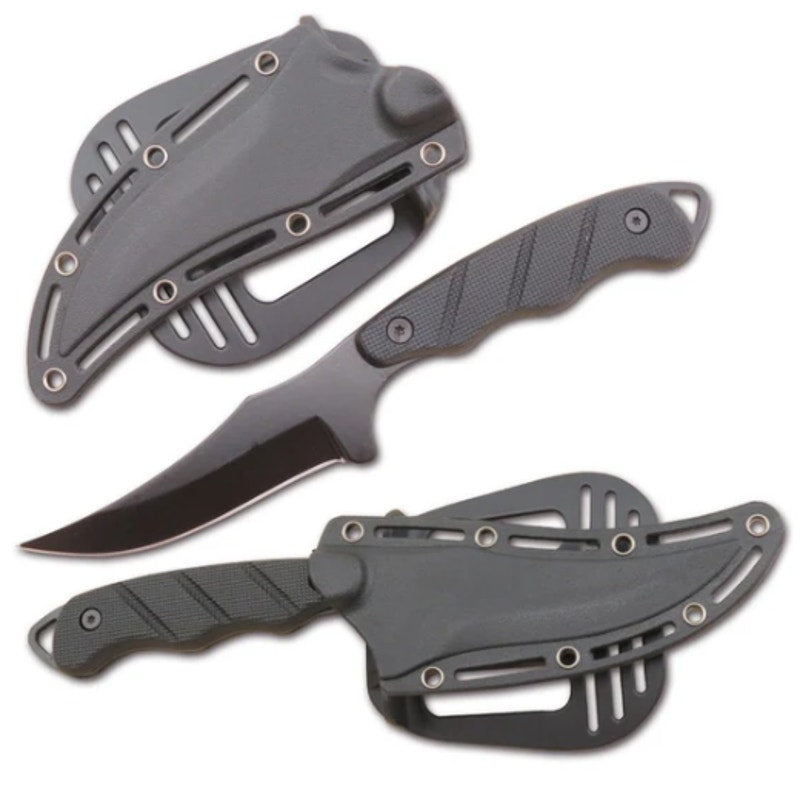 9" S-TEC Fixed Black Blade Full Tang Knife w/ Plastic Clip In Sheath