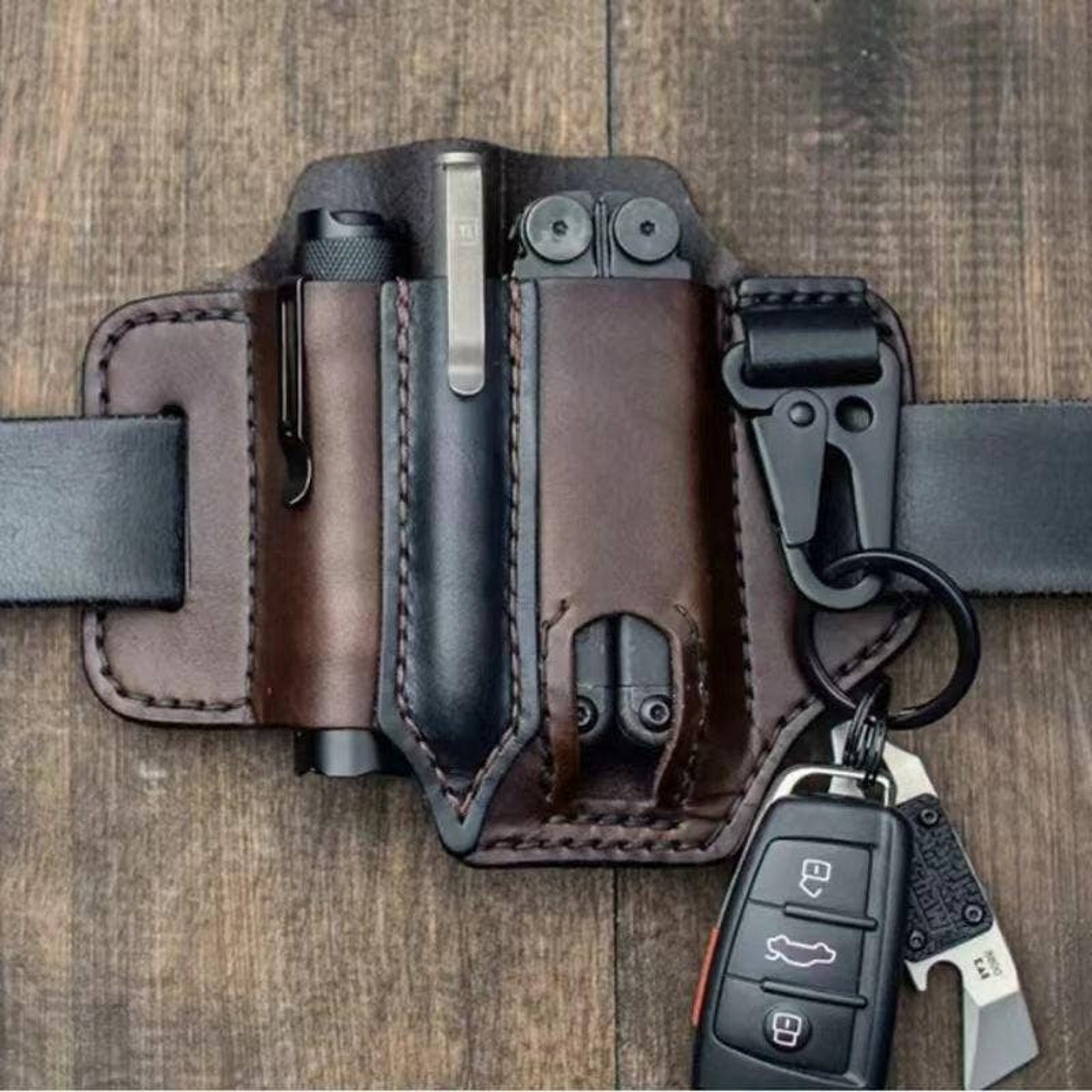 EDC Leather Knife Case & Flashlight Slot Tactical Pouch