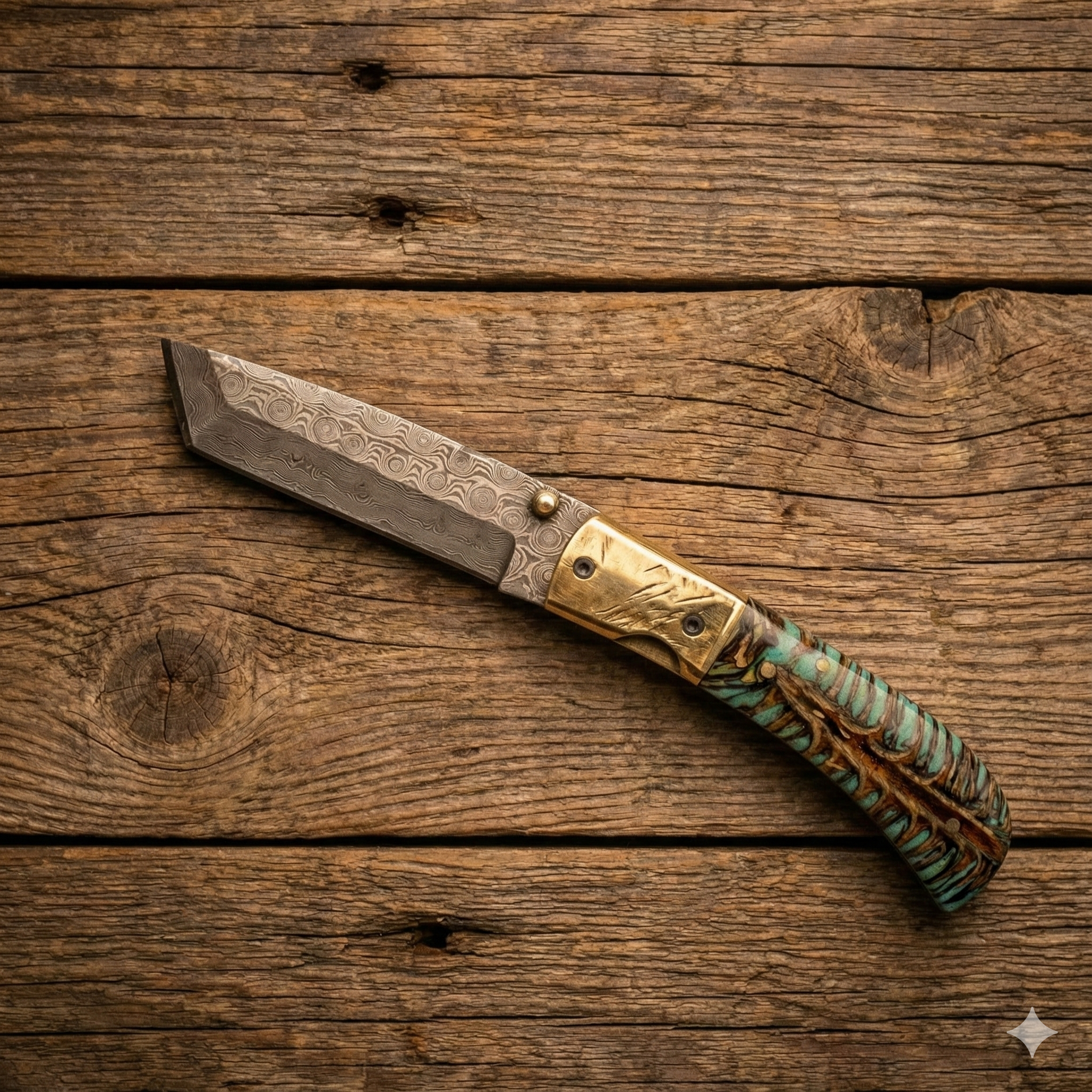 Titan Knives ~ Raindrop Damascus ~ Turquoise Pinecone ~ 9" Folder