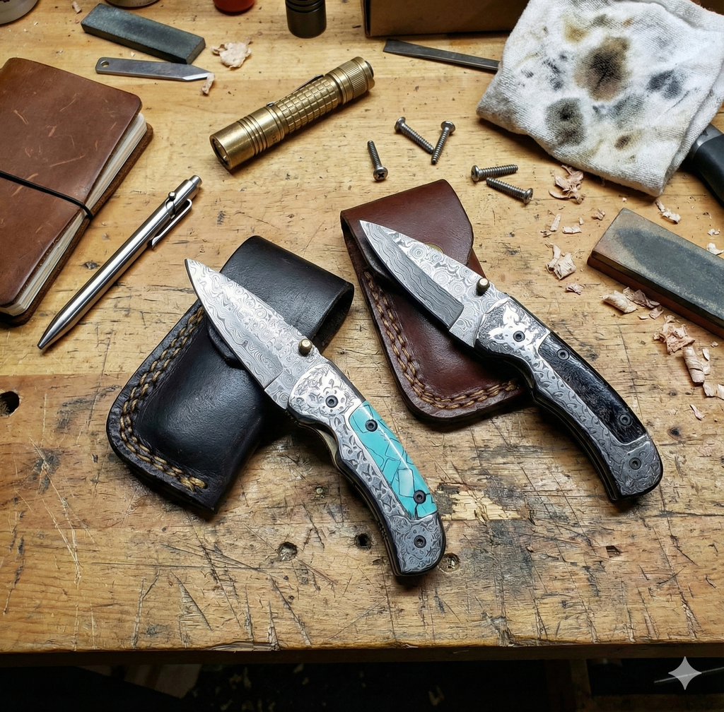 Titan Knives ~ Damascus Steel ~ Hand Etched Grips ~ 6" Liner Lock Folding Knife