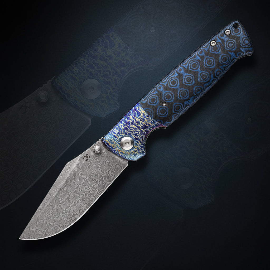 Kansept ~ Shikari ~ Framelock ~ Rose Damascus & Blue Carbon Fiber