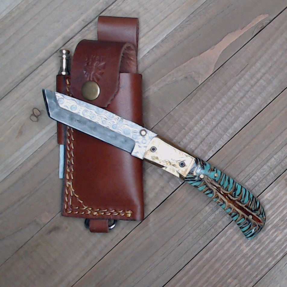 Titan Knives ~ Raindrop Damascus ~ Turquoise Pinecone ~ 9" Folder