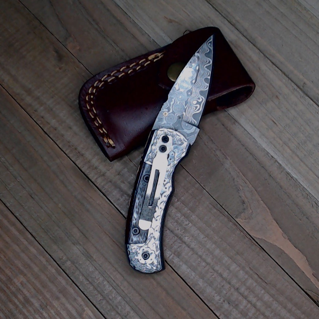 Titan Knives ~ Damascus Steel ~ Hand Etched Grips ~ 6" Liner Lock Folding Knife