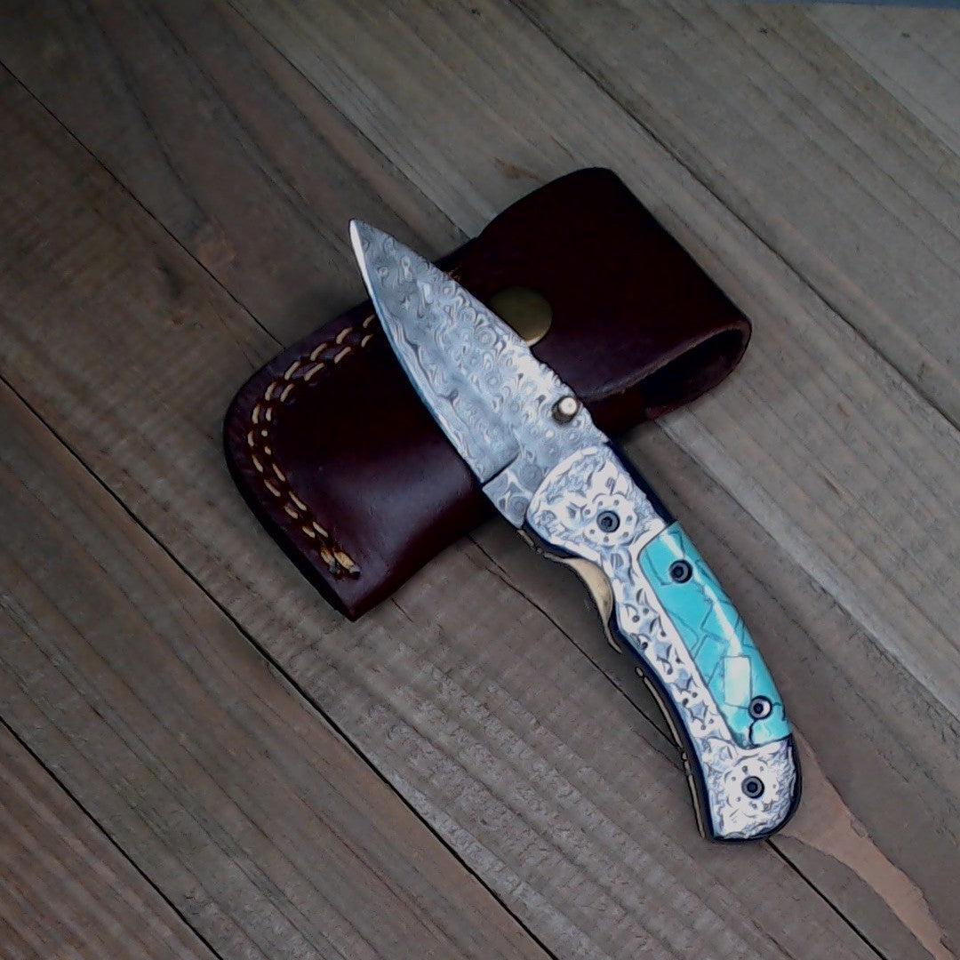 Titan Knives ~ Damascus Steel ~ Hand Etched Grips ~ 6" Liner Lock Folding Knife