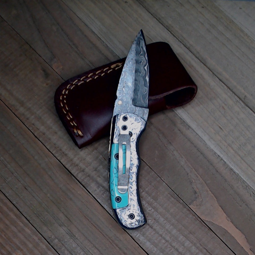 Titan Knives ~ Damascus Steel ~ Hand Etched Grips ~ 6" Liner Lock Folding Knife