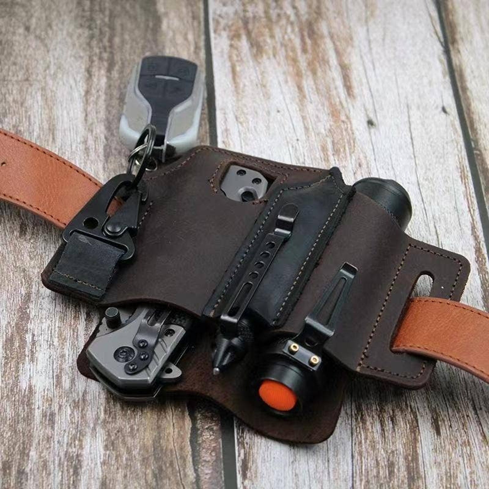 EDC Leather Knife Case & Flashlight Slot Tactical Pouch
