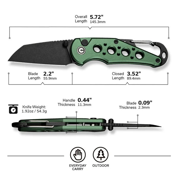 Civivi Pragma Wharncliffe Button Lock – Black Stonewash Nitro-V & Green Aluminum