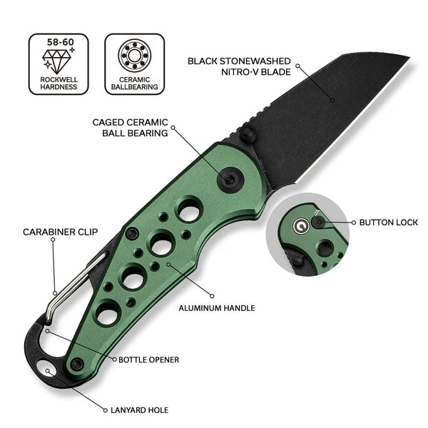 Civivi Pragma Wharncliffe Button Lock – Black Stonewash Nitro-V & Green Aluminum