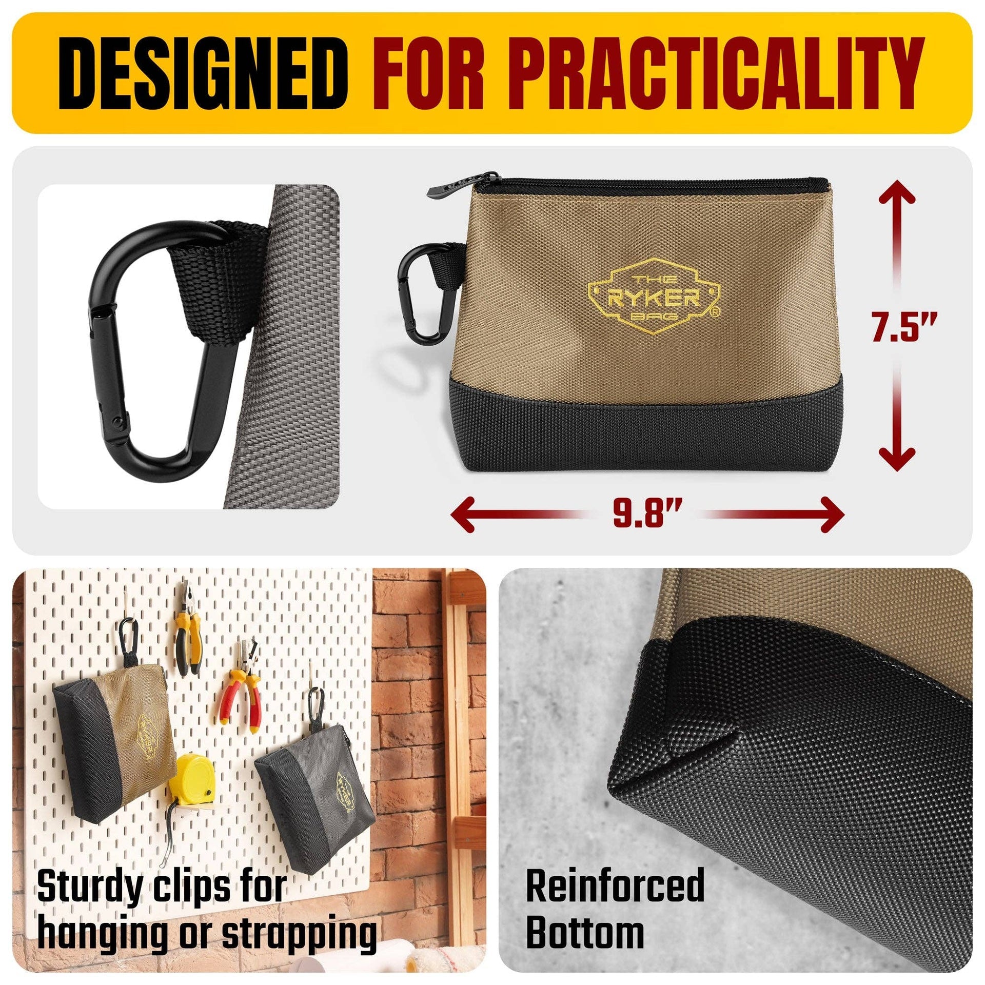 The Ryker Bag ~ Canvas Zipper Small Tool Pouch Organizer w/hard Bottom & Carabiner